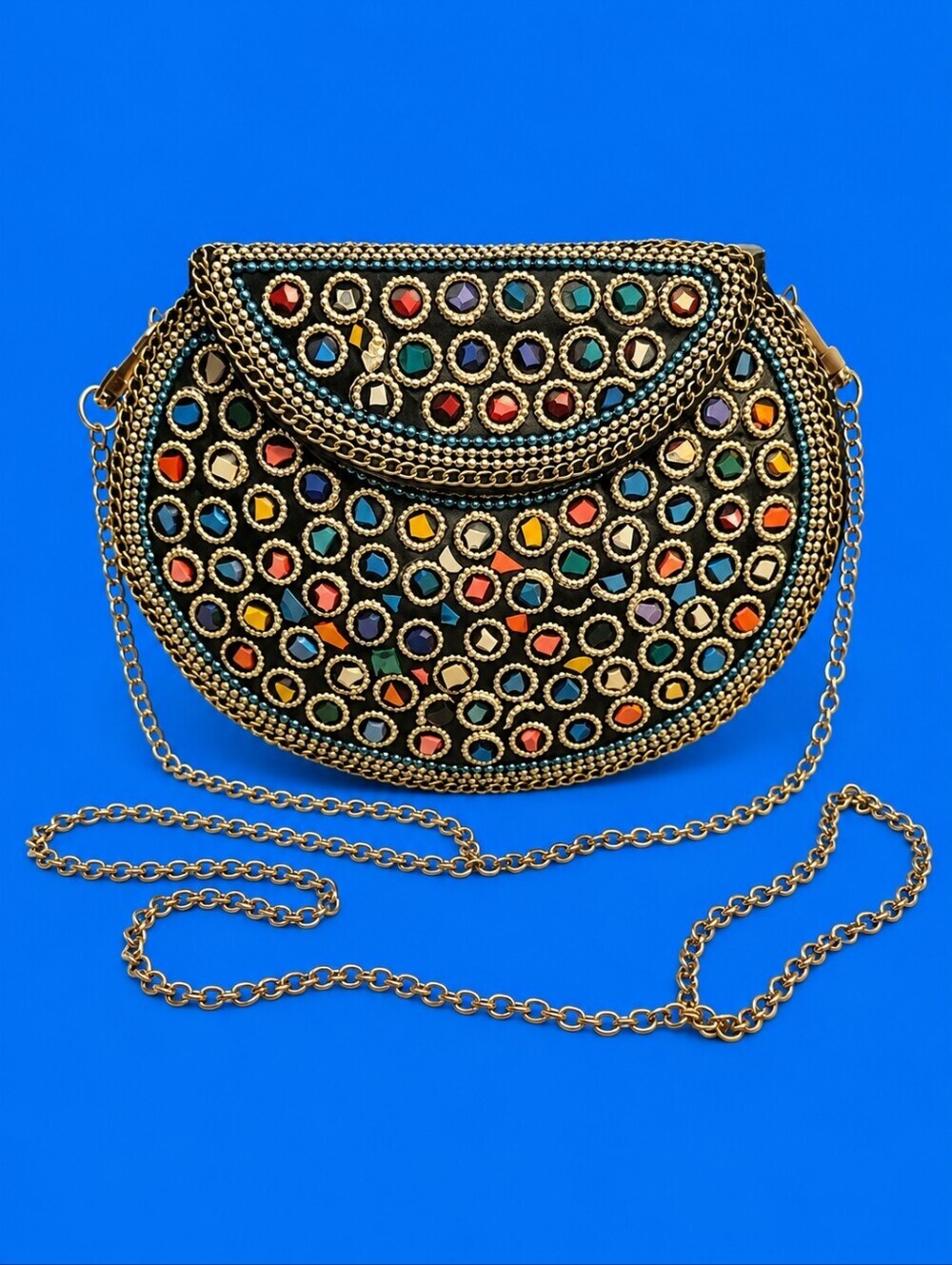 RAMLA Handmade Colorful Rainbow Mosaic Atomic Metal Crossbody Festival Bag